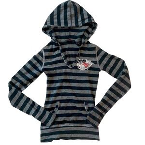 SEXSO BLACK AND GREY STRIPED THIN V-NECK HOODIE WITH BEDAZZLED DETAIL SIZE SMALL